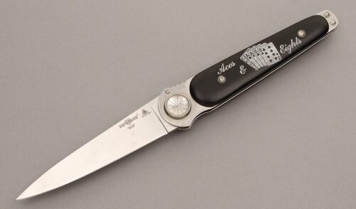 Lone Wolf Knives Aces & Eights Defender with Black Micarta Scales handle material - Obverse Side - Item #KLC08764