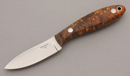 Wayne Hendrix Skinner Utility Knife with Box Elder Burl Wood handle material - Obverse Side - Item #KLC08773