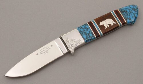 Lone Wolf/Yellowhorse Grizzly Drop Point Hunter with Turquoise & Desert Ironwood handle material - Obverse Side - Item #KLC08786
