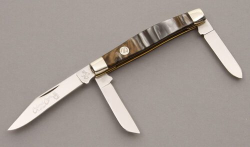 Colonel Coon Knives Stockman with Brown & Silver Mica Pearl handle material - Obverse Side - Item #KLC08803