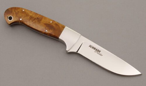 Schrade Cutlery D'Holder Drop Point Hunter with Golden Maple Burl Scales handle material - Obverse Side - Item #KLC08826
