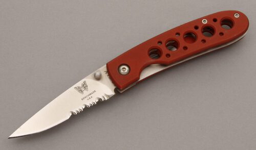 Benchmade Knives 612S Crawford Leopard Cub with Red Aluminum Handles handle material - Obverse Side - Item #KLC08861