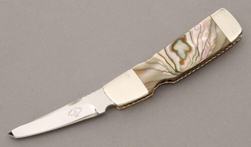 Chuck Stewart Small Tanto Midlock with Abalone Scales handle material - Obverse Side - Item #KLC08888
