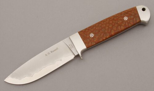 A.G. Russell San-Mai Drop Point Hunter with Leopard Wood Scales handle material - Obverse Side - Item #KLC08890