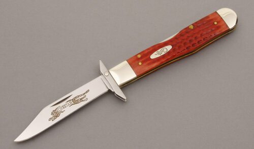 Case Cutlery 6111 1/2L Swing Guard Lockback with Cranberry Red Jigged Bone handle material - Obverse Side - Item #KLC08923
