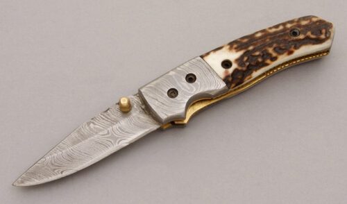 Unknown Maker Linerlock with Stag handle material - Obverse Side - Item #KLC08977