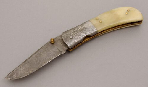 Unknown Maker Damascus Linerlock with Smooth Bone Scales handle material - Obverse Side - Item #KLC08980