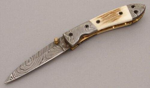 Unknown Maker Damascus Linerlock with Stag Scales handle material - Obverse Side - Item #KLC08981