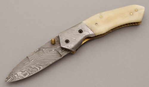 Unknown Maker Damascus Folder with Smooth Bone Scales handle material - Obverse Side - Item #KLC08983