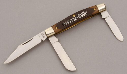 Schrade Cutlery 100th Anniversary Stockman with Saw Cut Delrin handle material - Obverse Side - Item #KLC09010