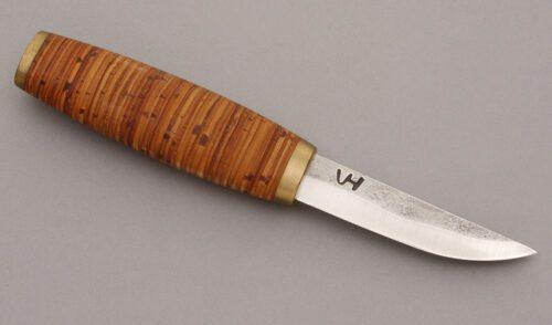 Kellam Knives Puukko with Stacked Arctic Birch Bark handle material - Obverse Side - Item #KLC09036