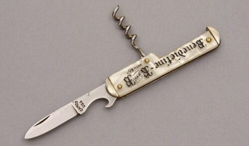 Camco Cutlery Bartenders Advertising Knife with Green Pearl Celluloid Scales handle material - Obverse Side - Item #KLC09068