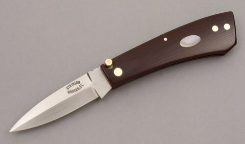 Dick Atkinson Top Lock Folder with Burgandy Linen Micarta handle material - Obverse Side - Item #KLC09096