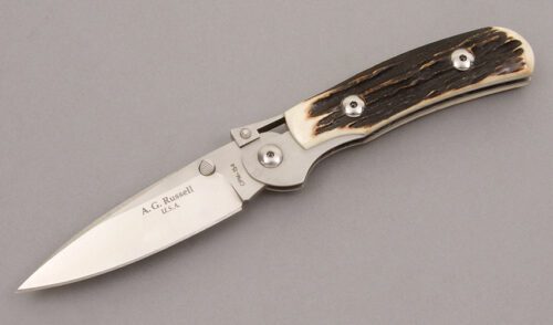 A.G. Russell K87C One Hand Knife with India Stag Scales handle material - Obverse Side - Item #KLC09108