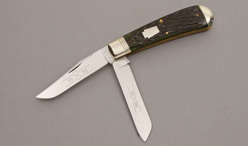 Schatt & Morgan 042101 Sway Belly Trapper with Emerald Green Jigged Bone handle material - Obverse Side - Item #KLC09123