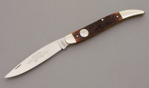 A.G. Russell 2003 Texas Ranger Knife with European Red Deer Bone Scales handle material - Obverse Side - Item #KLC09145