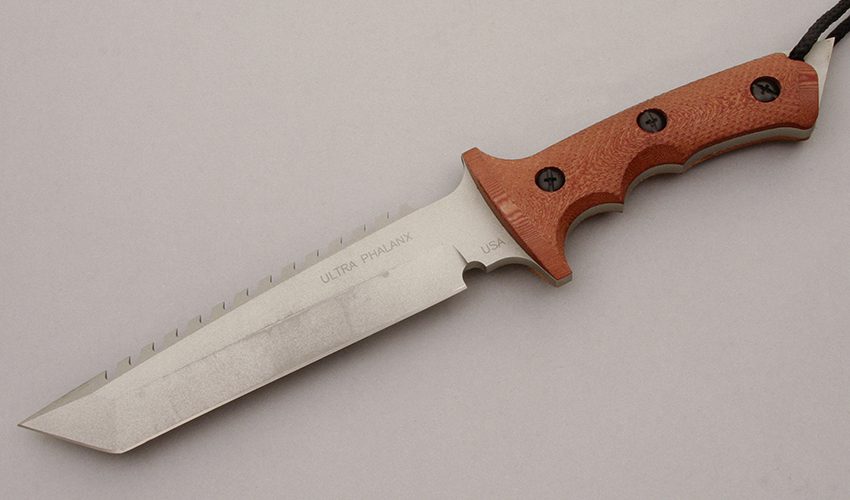 Treeman Knives Ultra Phalanx Combat Knife with Brown Machined G-10 Scales handle material - Obverse Side - Item #KLC09191