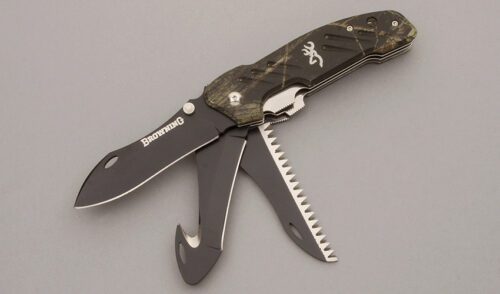 Browning Knives Extreme Field Dressing Folder with Camo Color Steel Handles handle material - Obverse Side - Item #KLC09199