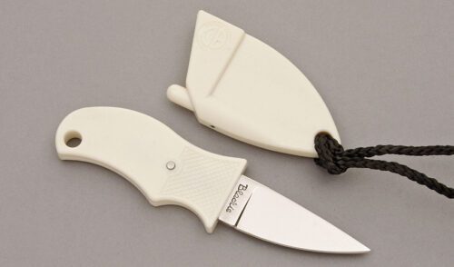 Blackie Collins Knives The Buddy System Knife with White Thermal Resin handle material - Obverse Side - Item #KLC09202