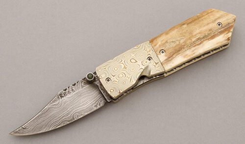 Unknown Maker Custom Linerlock Folder with Mammoth Bark Ivory Scales handle material - Obverse Side - Item #KLC09256