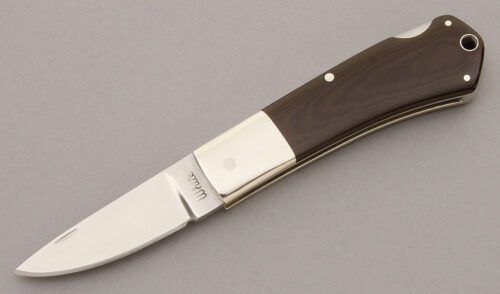 Robert White Lockback Folder with Brown Linen Micarta handle material - Obverse Side - Item #KLC09257