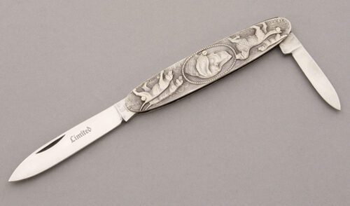 J.A. Henckels Gents Two Blade Folder with Embossed Stainless Steel handle material - Obverse Side - Item #KLC09258