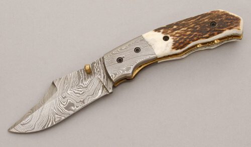 Unknown Maker Damascus Linerlock Folder with Stag Handle Scales handle material - Obverse Side - Item #KLC09311