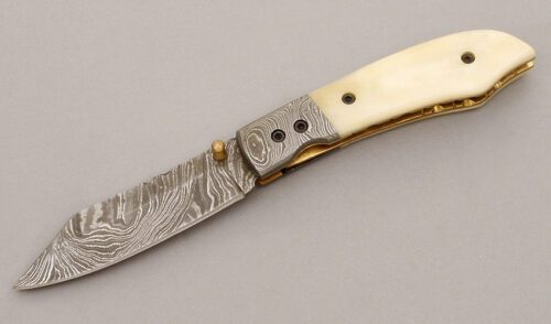 Unknown Maker Damascus Linerlock Folder with Smooth Bone handle material - Obverse Side - Item #KLC09312