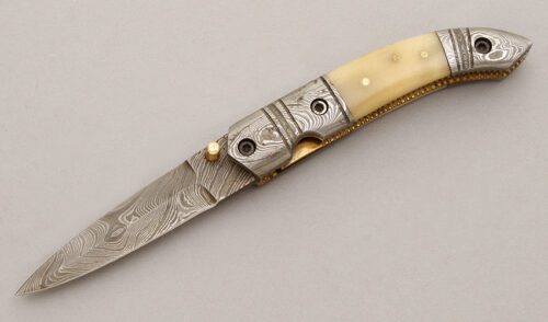 Unknown Maker Damascus Linerlock Folder with Smooth Bone Scales handle material - Obverse Side - Item #KLC09313