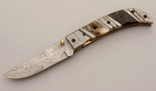 Unknown Maker Damascus Linerlock Folder with Damascus & Sheep Horn Scales handle material - Obverse Side - Item #KLC09314