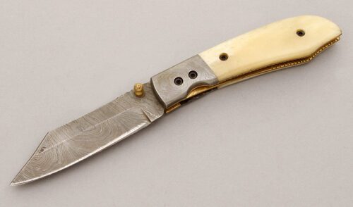 Unknown Maker Damascus Linerlock Folder with Smooth Bone handle material - Obverse Side - Item #KLC09316
