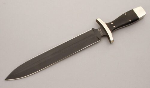 Jot Singh Khalsa Kirpan Dagger with Black Micarta Scales handle material - Obverse Side - Item #KLC09321