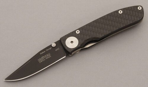 Klotzli Knives Walker Design Linerlock with Polished Carbon Fiber handle material - Obverse Side - Item #KLC09327