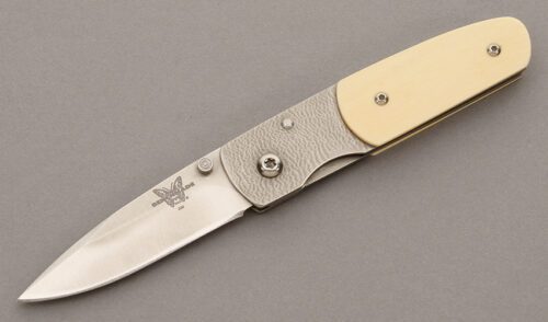 Benchmade Knives Model 350 Mel Pardue Framelock with Orange Peel Titanium Frame handle material - Obverse Side - Item #KLC09331