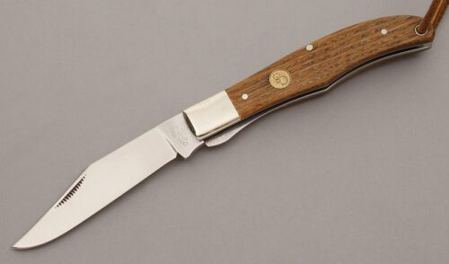 Canal Street Cutlery Linerlocking Folding Hunter with American Chestnut Wood handle material - Obverse Side - Item #KLC09398