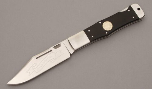 A.G. Russell 2014 Texas Ranger Lockback with Black G-10 Scales handle material - Obverse Side - Item #KLC09419