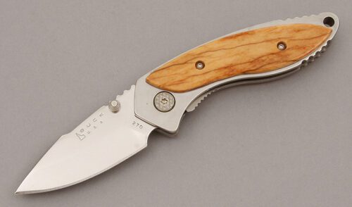 Buck Knives Alpha Dorado Linerlock with Giraffe Bone Scales handle material - Obverse Side - Item #KLC09420