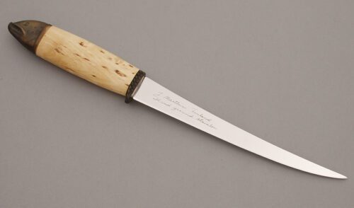 Marttiini Knives Salmon Fillet Knife with Curly Birch Wood handle material - Obverse Side - Item #KLC09421