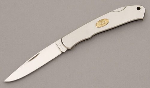 Moki Knives Lockback Folder with Brushed Stainless Frame handle material - Obverse Side - Item #KLC09422