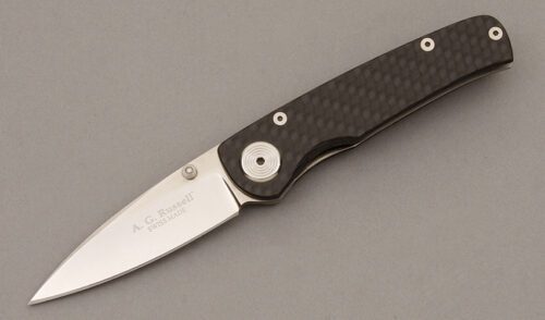 A.G. Russell Linerlock Folder with Polished Carbon Fiber Scales handle material - Obverse Side - Item #KLC09427