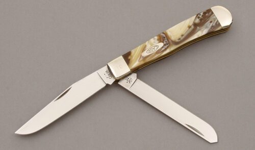 Case Cutlery 3254 Trapper with Brown & Gold Corelon Scales handle material - Obverse Side - Item #KLC09436