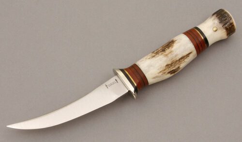 Northwoods Knives Scagel Design Skinner with Stag & Leather Handle handle material - Obverse Side - Item #KLC09444