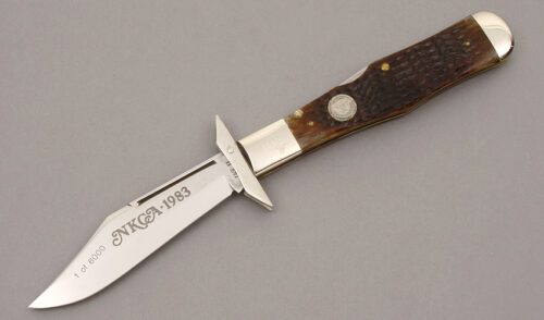Case Cutlery NKCA Coke Bottle Swing Blade with Brown Jigged Bone handle material - Obverse Side - Item #KLC09449