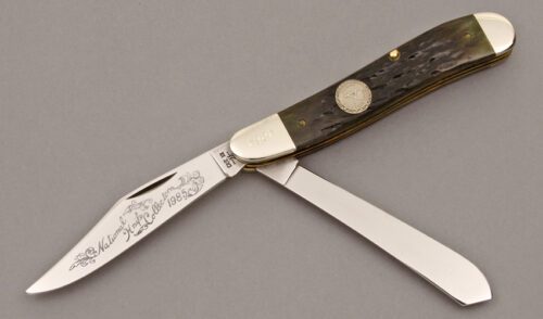 Case Cutlery 1985 NKCA Trapper with Green Jigged Bone Scales handle material - Obverse Side - Item #KLC09450