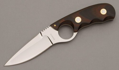 Maurice & Alan Schrock Finger Hole Knife with Brown & Black Micarta Scales handle material - Obverse Side - Item #KLC09458