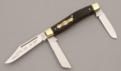 Schrade Cutlery Grand Dad's Old Timer Stockman with Sawcut Black Delrin handle material - Obverse Side - Item #KLC09459