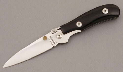 A.G. Russell K87C One Hand Knife with Black Linen Micarta Scales handle material - Obverse Side - Item #KLC09471