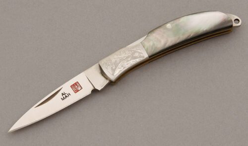 Al Mar Knives 1001-E Osprey Frontlock with Black Lip Pearl Scales handle material - Obverse Side - Item #KLC09488