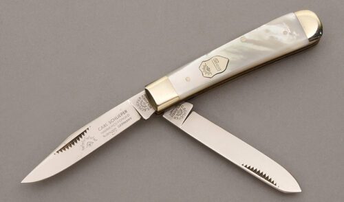 Carl Schlieper Eye Brand Two Blade Jack with Mother of Pearl Scales handle material - Obverse Side - Item #KLC09502