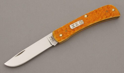 Case Cutlery Sodbuster Jr Slip Joint with Orange Jigged Bone Scales handle material - Obverse Side - Item #KLC09508